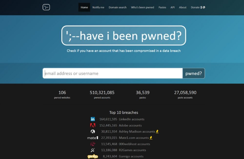 haveibeenpwned Screenshot