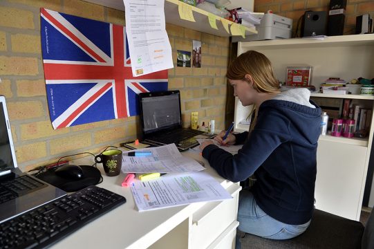 Studentin beim Lernen in ihrem Kot in Brüssel