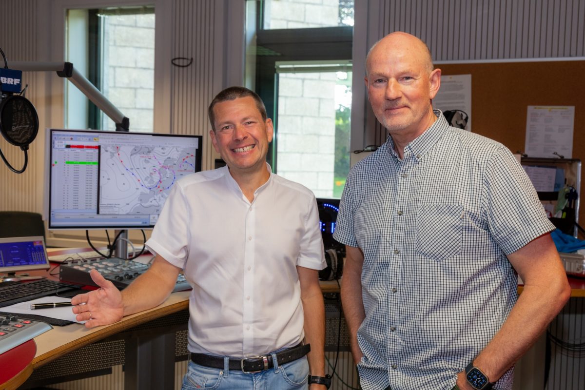 Wetterexperte Karsten Brandt (l.) und BRF-Moderator Andreas Ryll (Bild: Olivier Krickel/BRF)