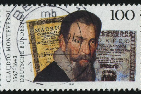 Alte deutsche Briefmarke von etwa 1993 mit dem Gesicht von Claudio Monteverdi